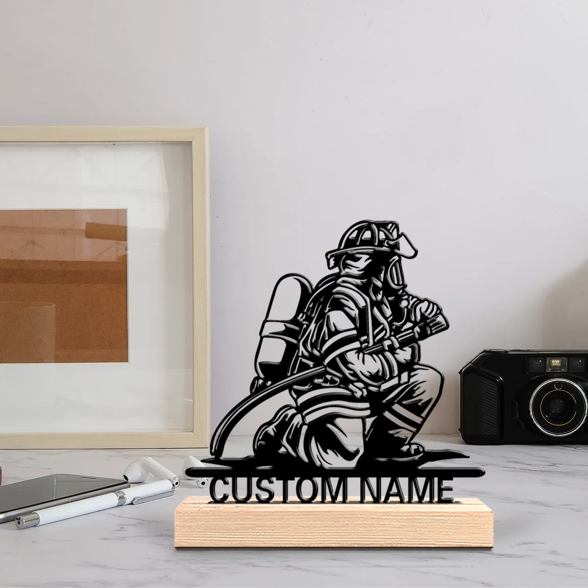 1pc Stylish Personalized Custom Fireman Metal Statue Metal Art With Wooden Base  Suitable As A Gift For Professional Male Themed