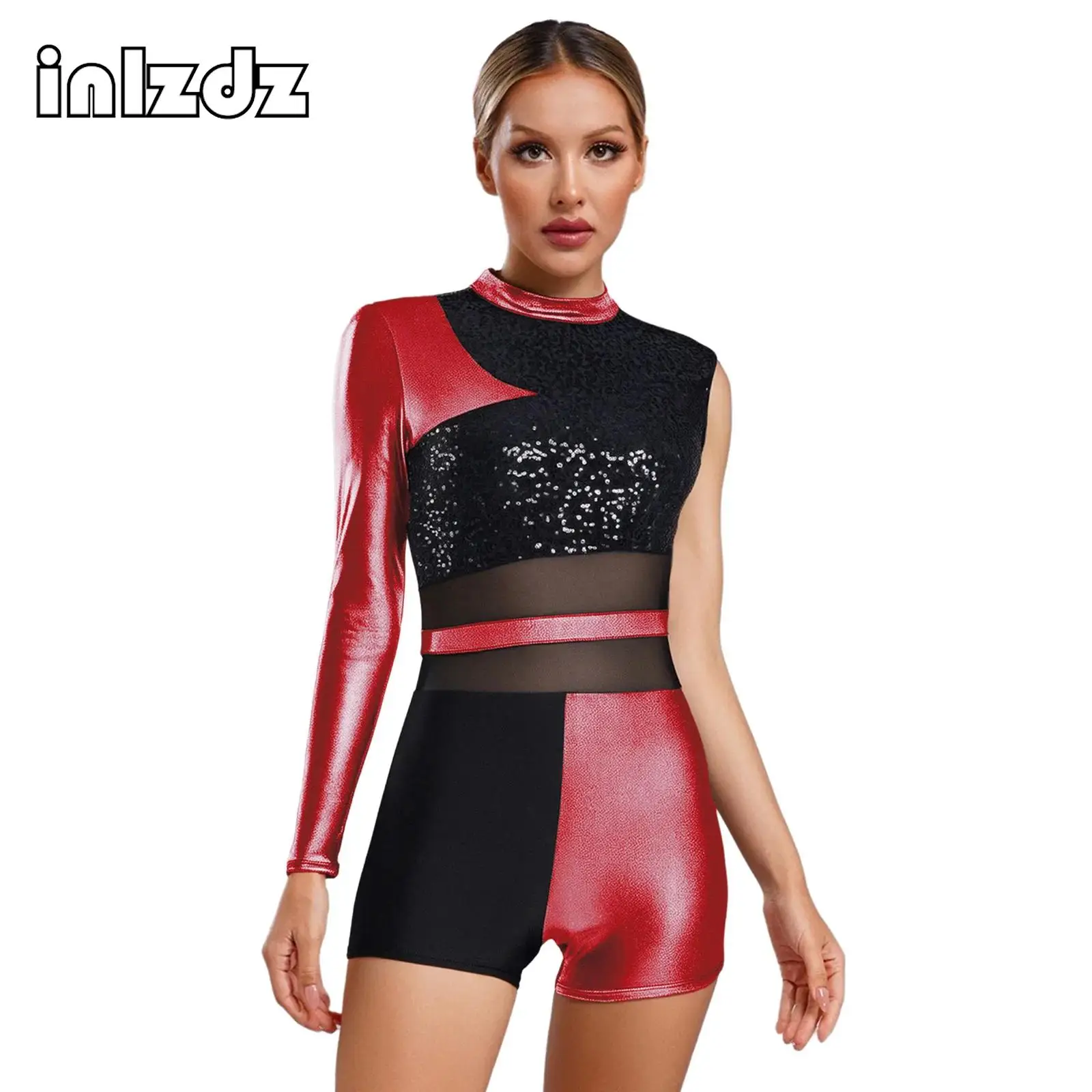 

Womens Latin Dance Asymmetrical Bodysuit Glittery Sequins Backless Boyshort Metallic Shiny Leotard for Chacha Ballet Dancewear