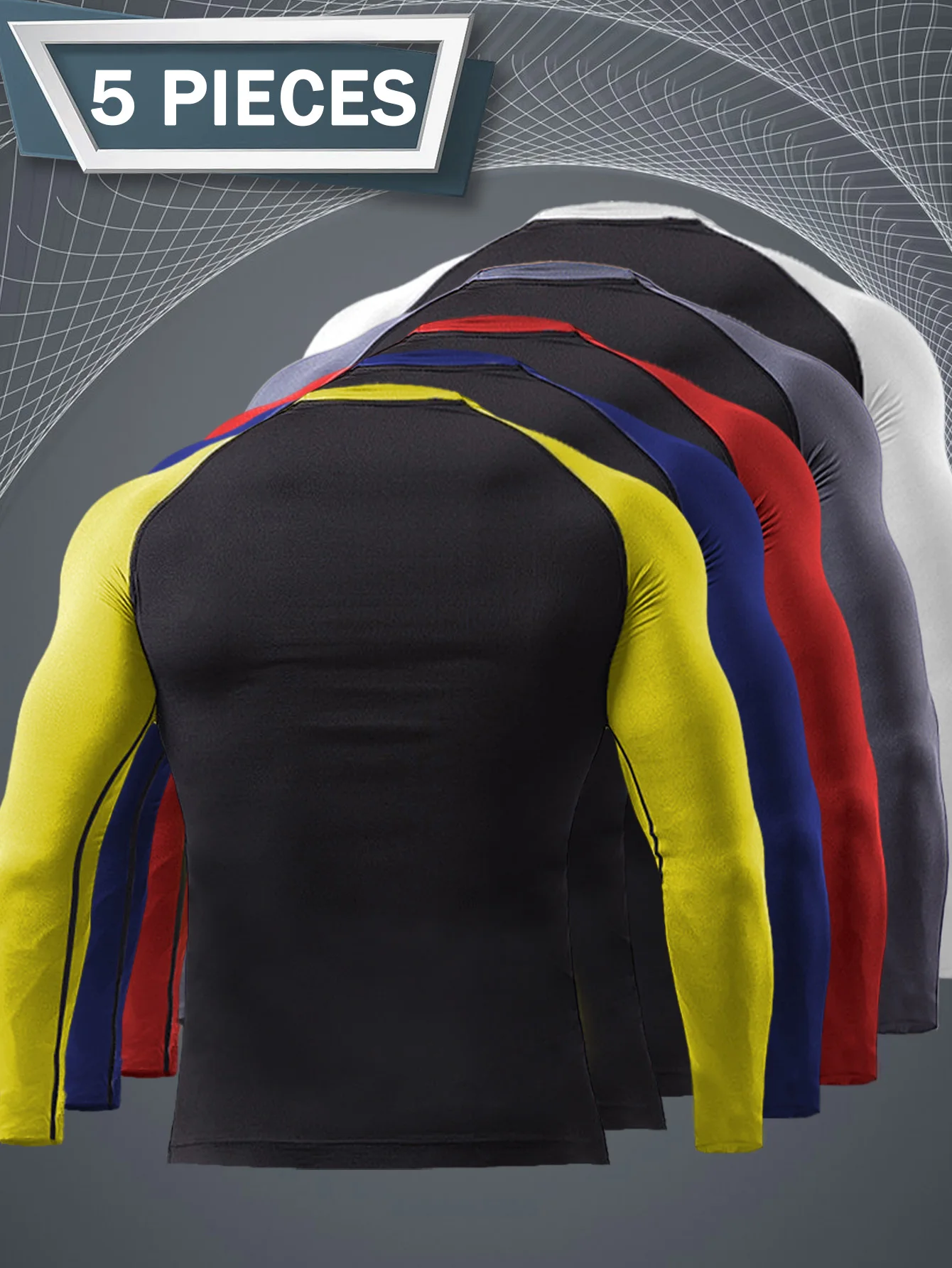 5 قطع من القمصان الرياضية للرجال، قميص مضغوط للتدريب على الجري، قميص لياقة بدنية وأكمام طويلة، سريع الجفاف وجيد التهوية #2