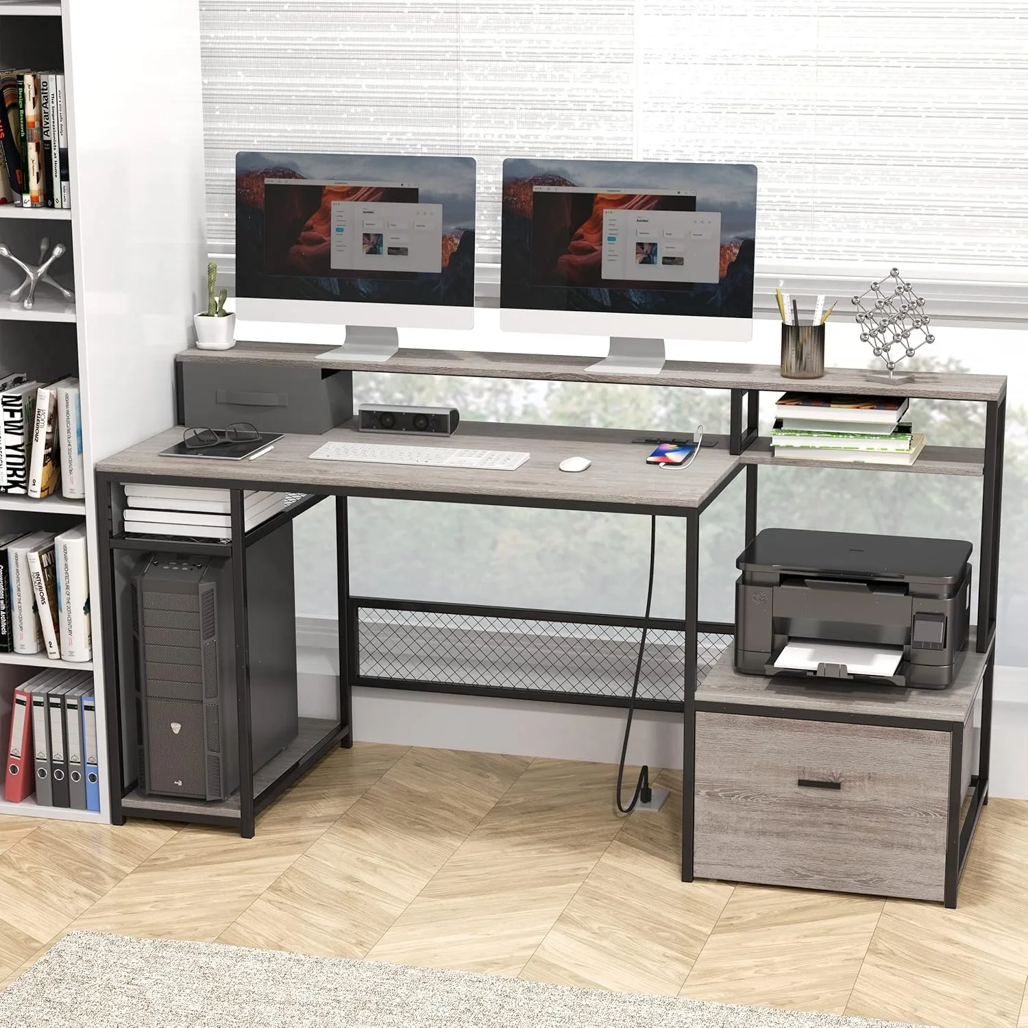 Home Office Desks with Drawers, 66'' Computer Desk with Storage, Office Desk with Monitor Stand, Work Desk, Grey