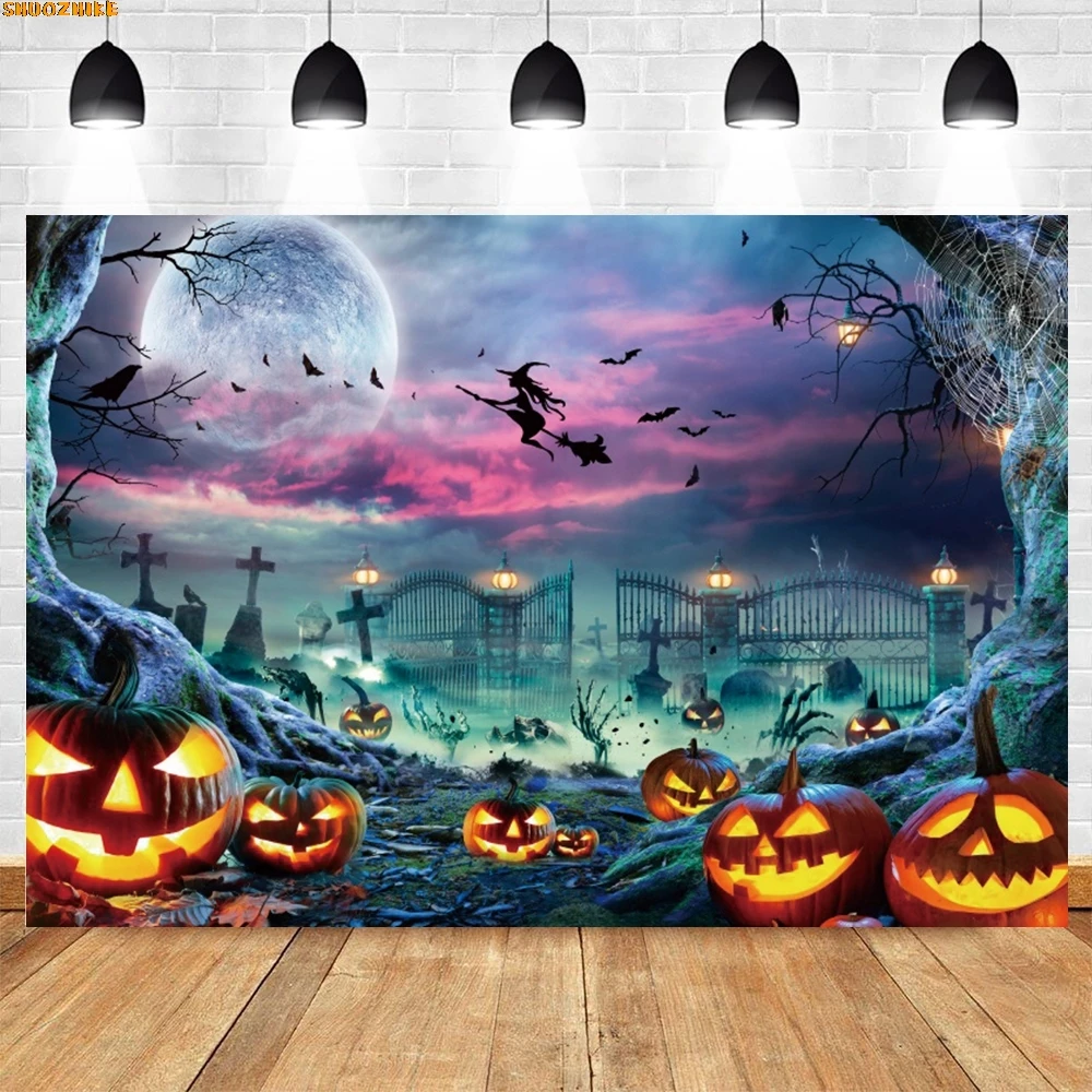 

Halloween Photography Backdrop Skull Tombstone Cemetery Pumpkin Lantern Moon Night Photography Background Decor Photostudio Prop
