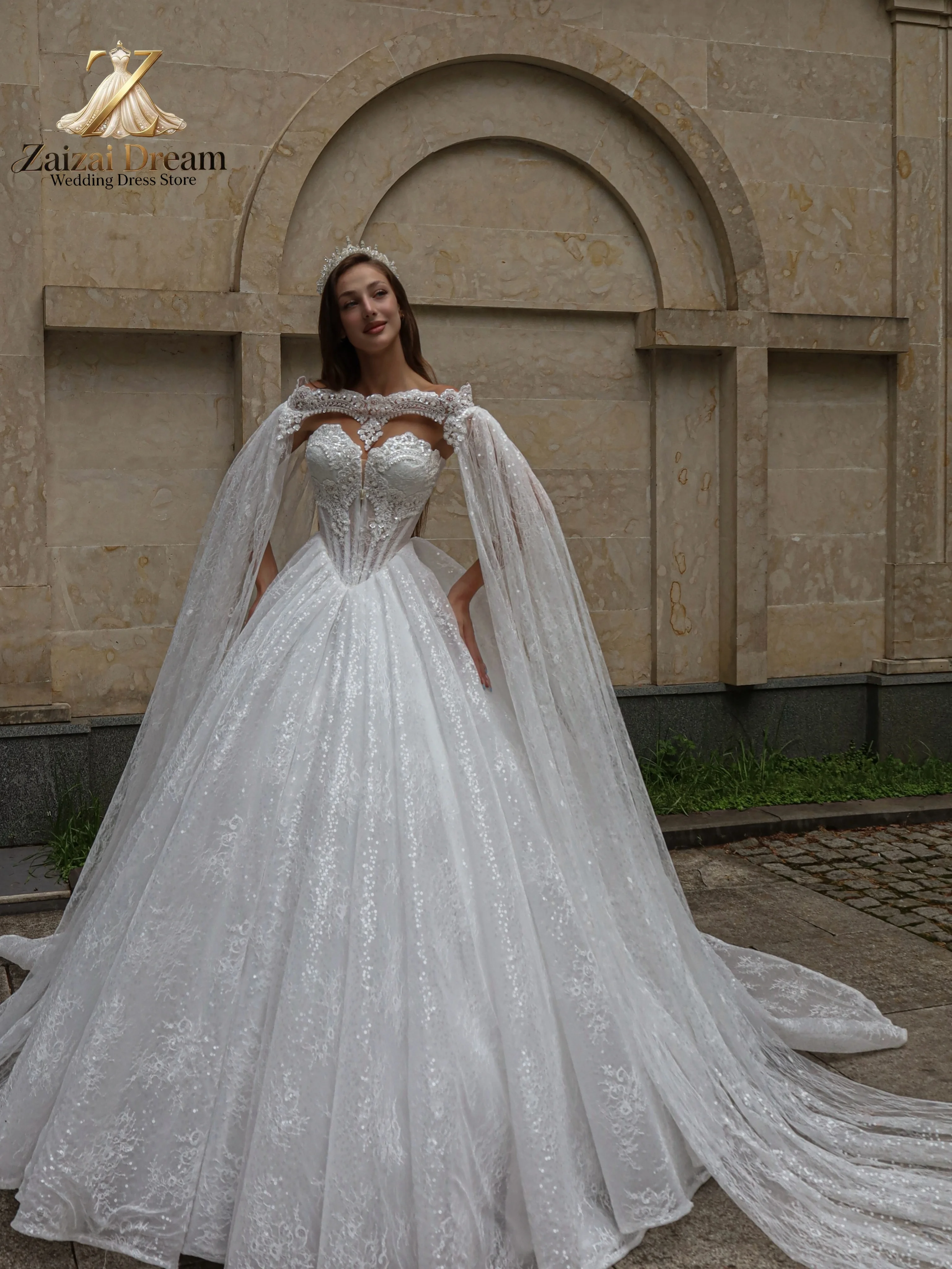 Customized Luxury Wedding Dress Detachable Cape Beaded Lace Bridal Gown Sparkle Tulle Long Train Wedding Dress Vestido De Novia