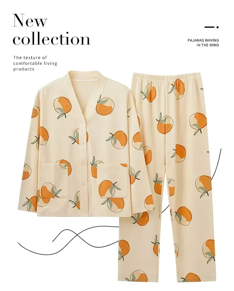 Pijama de manga larga para mujer, ropa de dormir femenina con estampado largo de otoño, conjunto de piezas de flores suaves a la moda para primavera, conjunto de algodón para mujer 2