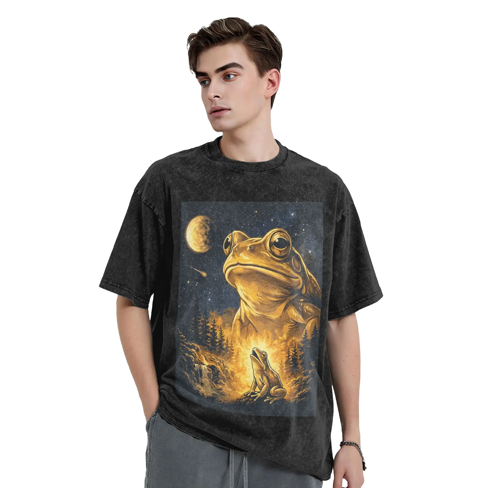Men's T-Shirt Funny Frog Howling at The Moon Washed T Shirts Hip Hop  Beach Tees Y2K Retro Simple Cotton Clothing Birthday Gift
