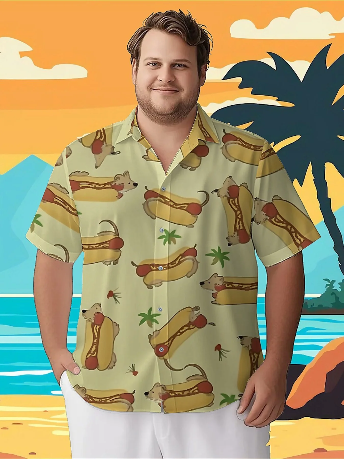 

Men's Plus Size Hawaiian Shirts Hot Dog Dachshund pattern, Summer Casual Tops, Suitable for Outdoor and Party, Streetwear