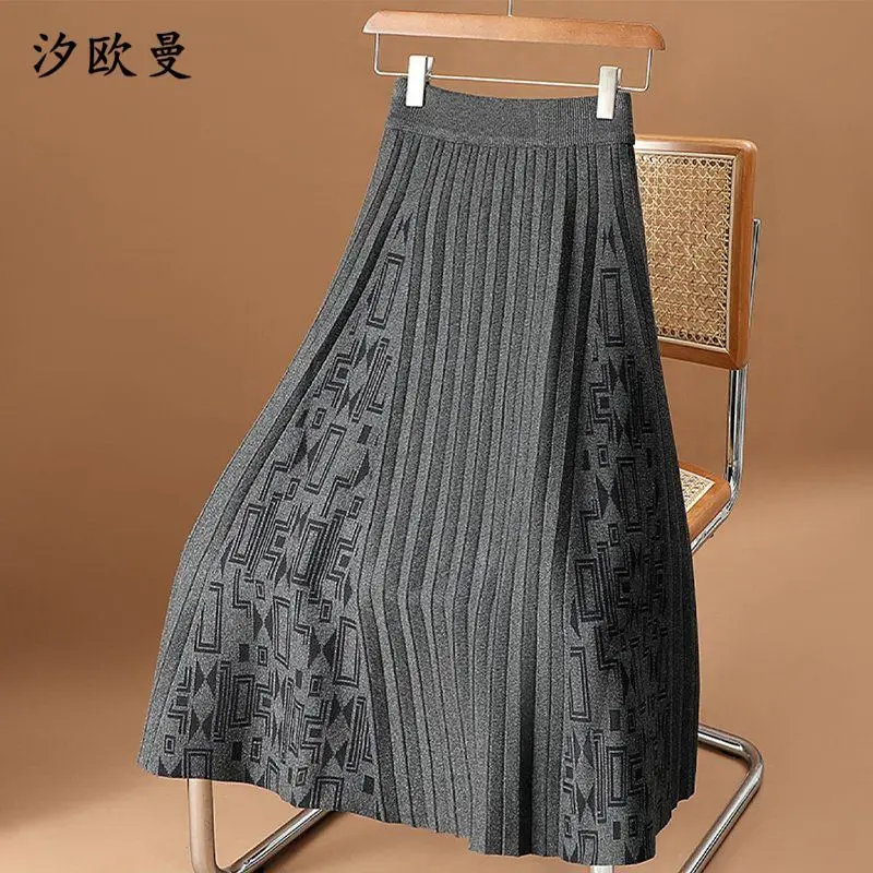 Grey Knitted Half Length Skirt for Women High Waist Mid Length A-line Skirt Pleated Skirt