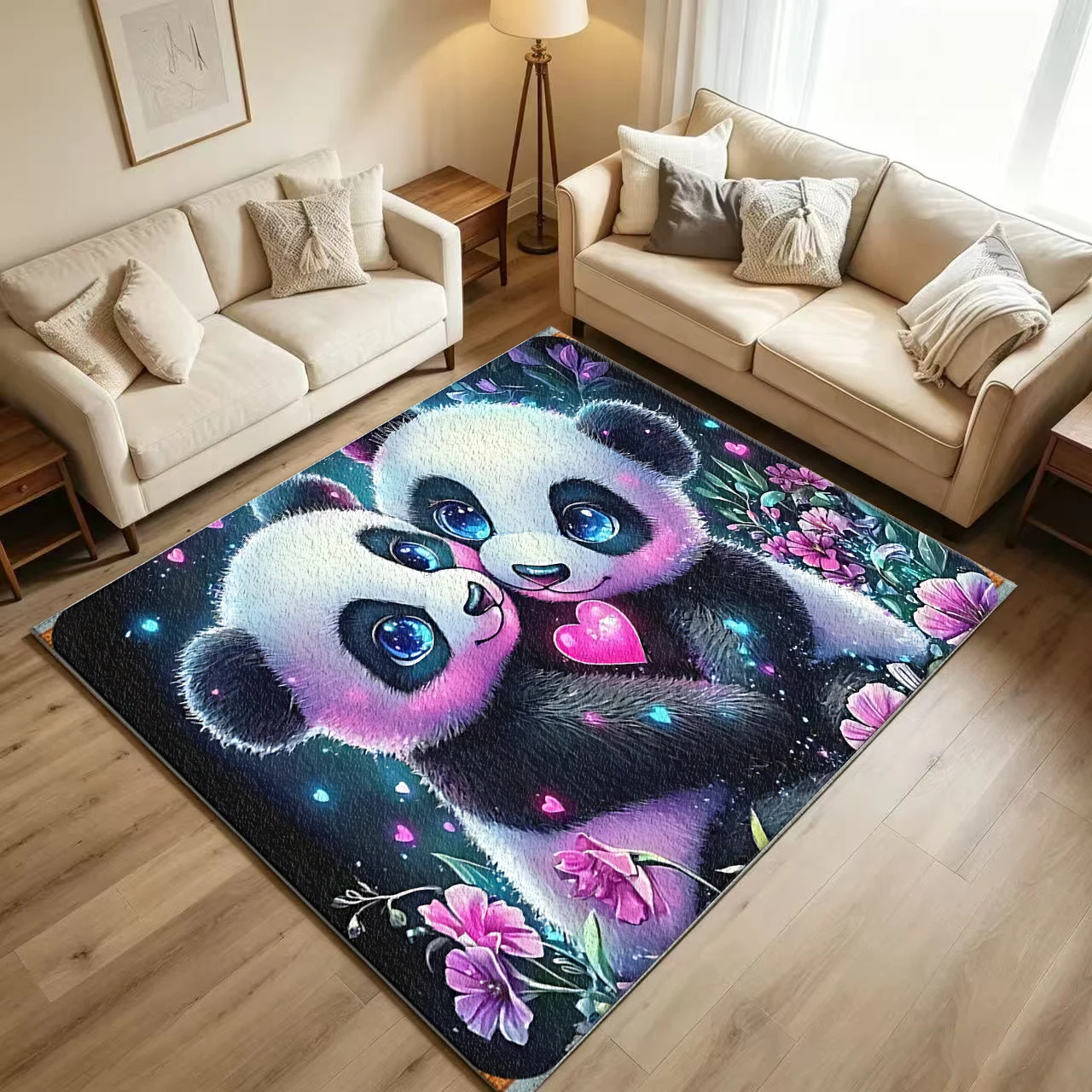 Cute Luminous Couple Panda Pink Heart Floral Pattern Carpet Non-Slip Washable Children's Bedroom Carpet Lovely Home Decoration