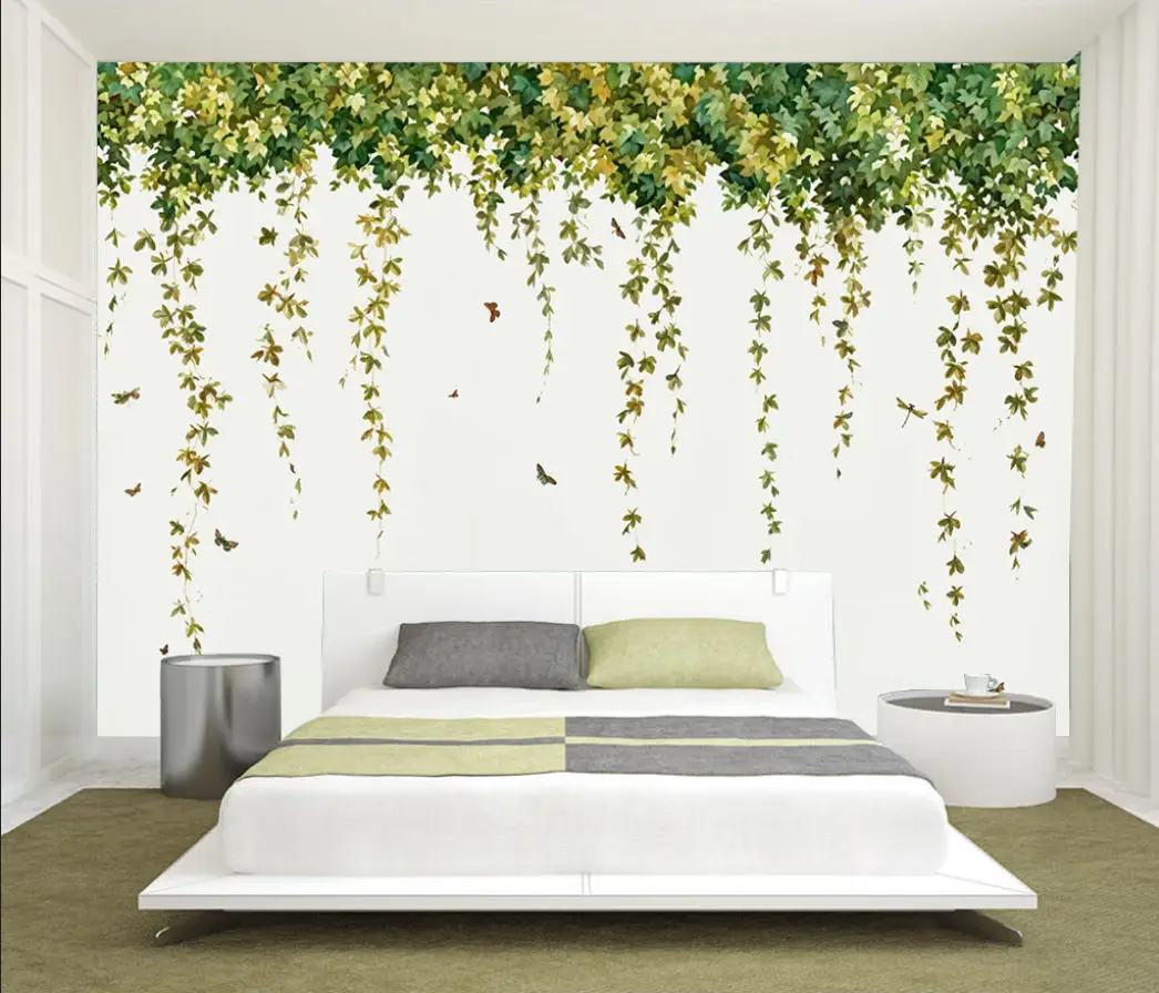 

Custom size wallpaper hand-painted plant leaves, tree branches, murals, weeping willows, ivy leaves, decorative paintings mural