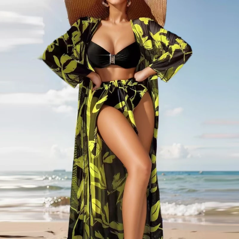 

Женский длинный кардиган с принтом листьев и высокой талией на бретелях, комплект бикини из трех предметов, универсальный летний пляжный купальный костюм с длинными рукавами