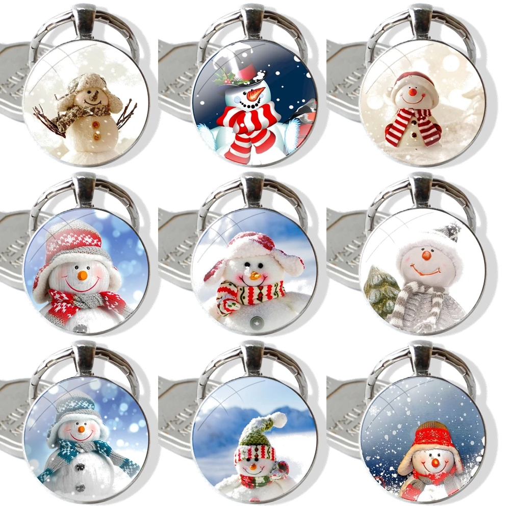 Merry  Snow Man Keychain Handmade Glass Cabochon Key Ring Holder Pendant Key Chains