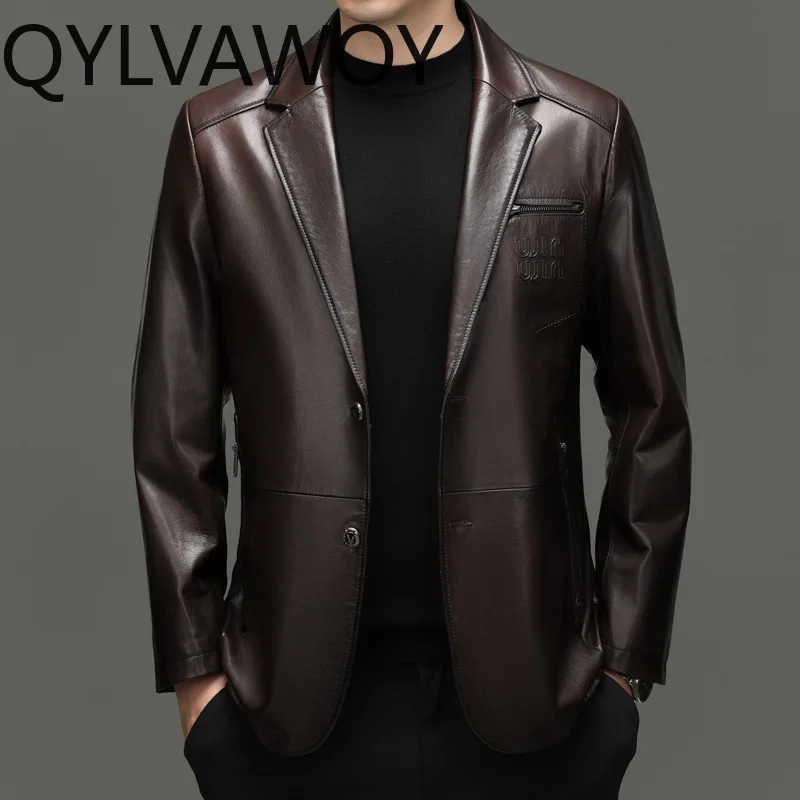 QYLVAWOY Real Leather Jackets Man Goatskin Blazer Masculino Slim-fit Leather Coats Notched Lapel Blazer for Man Business Jaqueta