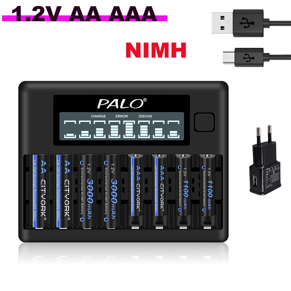 CITYORK 1,2V Wiederaufladbare AA AAA Batterie Ni-MH AA 3000mAh AAA 1100mAh NIMH Batterien + 8-Fach LCD USB-Ladegerät für Spielzeugkameras