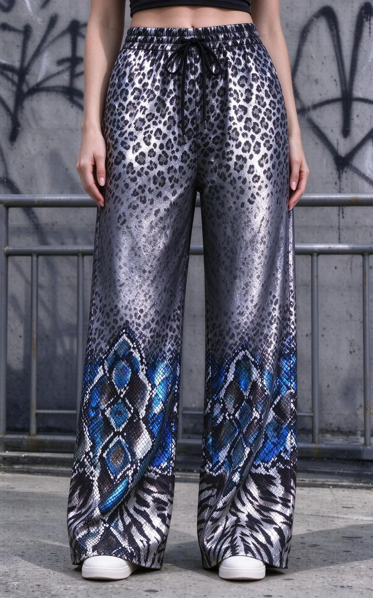 Women Mid Waist Wide Leg Pants Metallic Leopard Snake Mix Print Drawstring Casual Trousers with Pockets