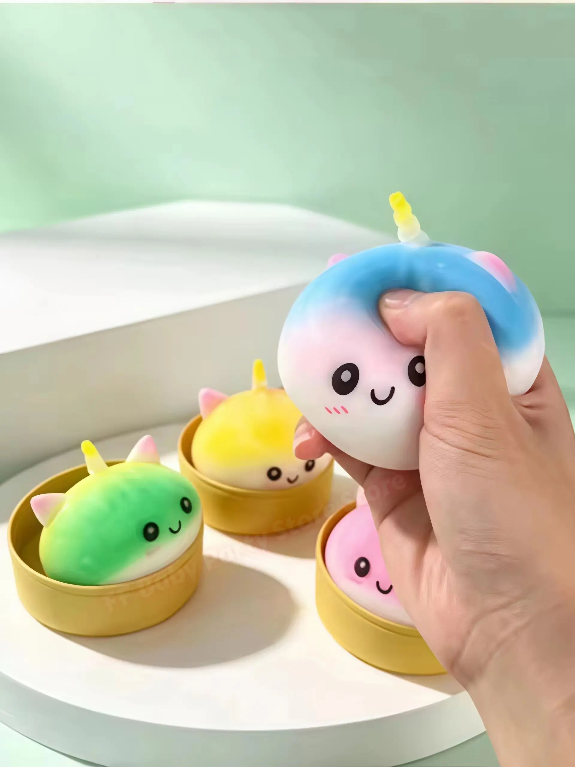 Buntes BaoZi Dumpling Squishy Spielzeug mit Bambus-Stressabbau-Fidget-Ball, Einhorn-Quetschspielzeug für Büro-Schreibtisch, Geschenk für Erwachsene