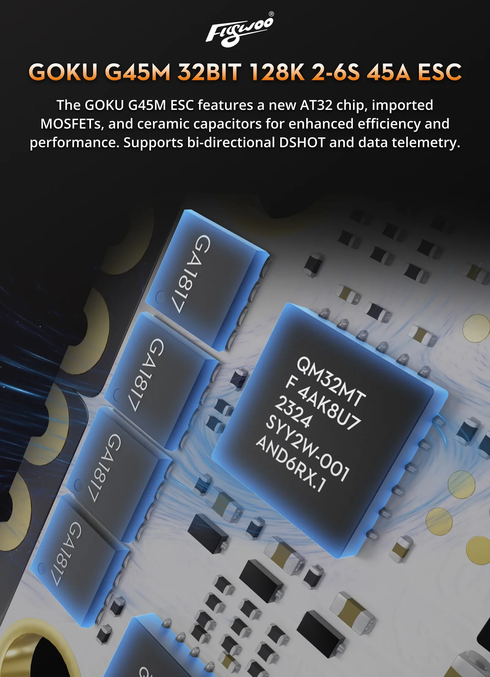 Flywoo goku g45m 45a 4 em 1 esc 20x20 2-6s 32bit at32 chip duplo para drone fpv corrida quadcopter controlador de vôo pilha