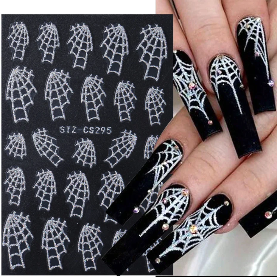 Y2K Sparkly Silver Spider Web adesivi per unghie oro Chrome ragnatela decalcomanie per unghie simpatici disegni di Halloween Manicure con cursore adesivo