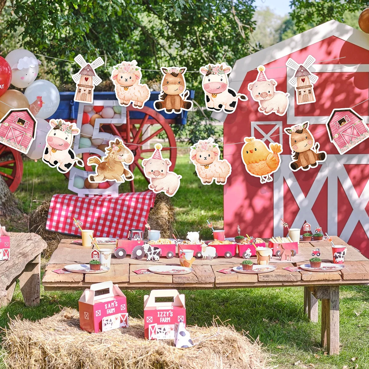 1Set Farm Animal Paper Banner Carton Horse/Pig/Cow Hanging Banners For Farmland Birthday Party Wall Decorations DIY Gifts Supply