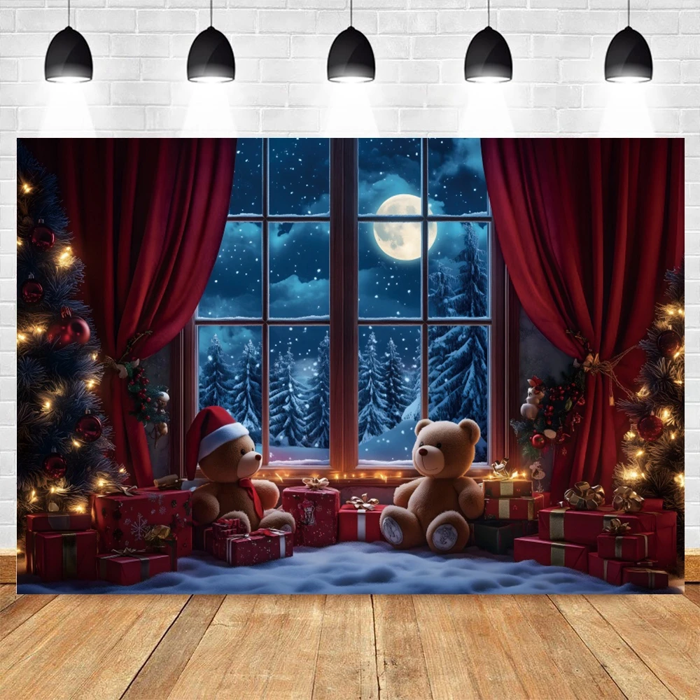 Christmas Window Photography Backdrop Xmas Tree Gift Toy Bear Red Curtain Family Party Decor Kids Portrait Photo Background Prop