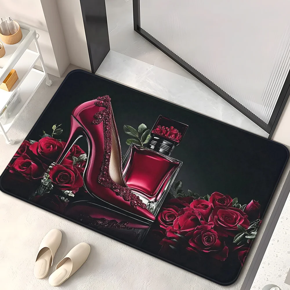 Fußmatte mit Rosen- und High-Heels-Design, rutschfester, saugfähiger, waschbarer Teppich für Schlafzimmer, Wohnzimmer, Eingangsbereich, Outdoor-Yoga-Picknick-Dekoration