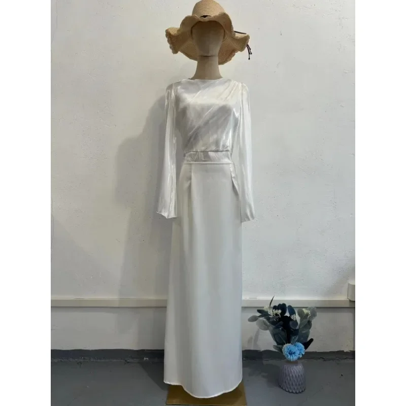 Primavera/Novedad de verano Color sólido cintura Simple, falda Sexy de cadera media a larga, vestido elegante y de gama alta arrugado de manga larga 2025