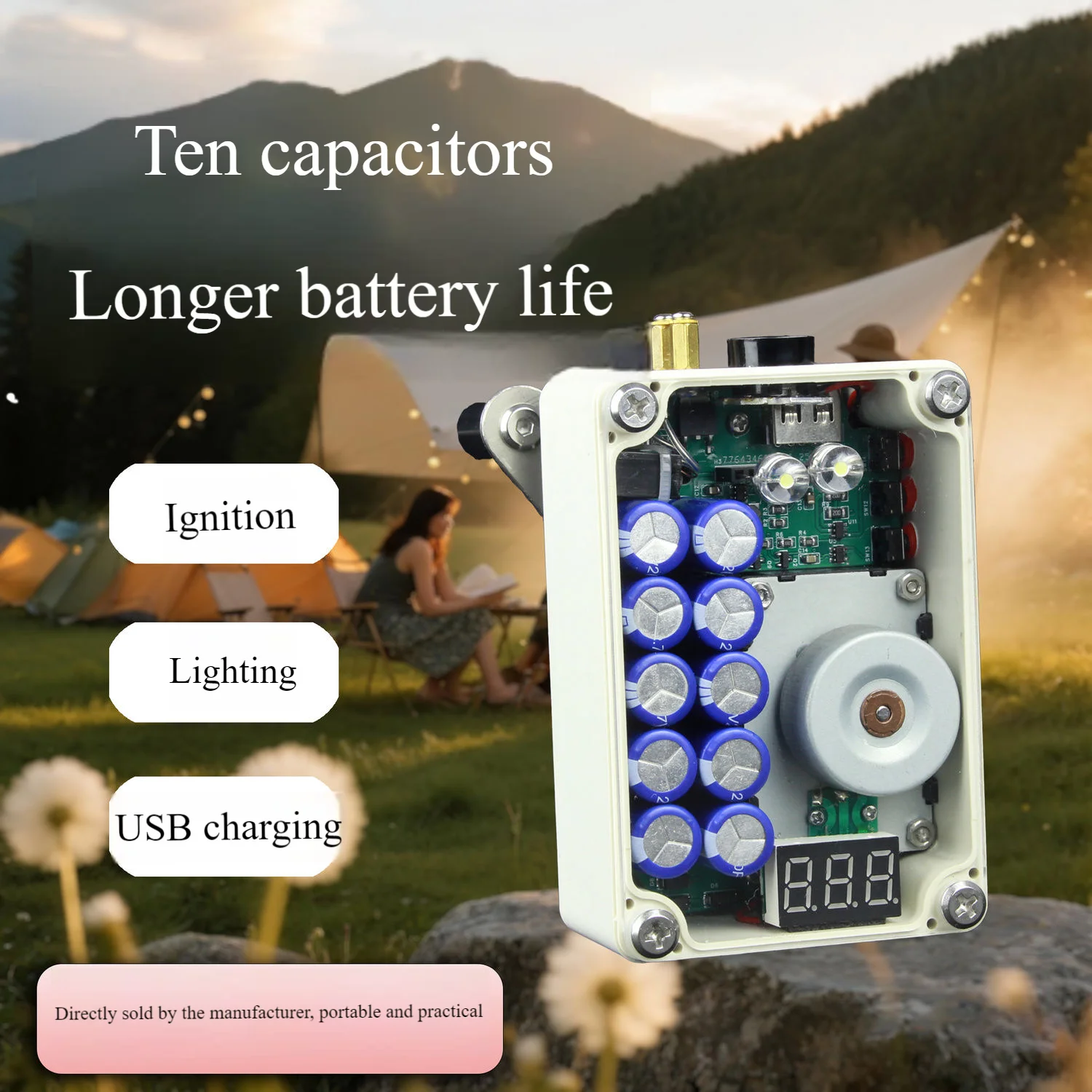 

Hand Crank Emergency Generator with 10 Capacitors - Portable Outdoor Power Supply for Camping, USB & LED Light