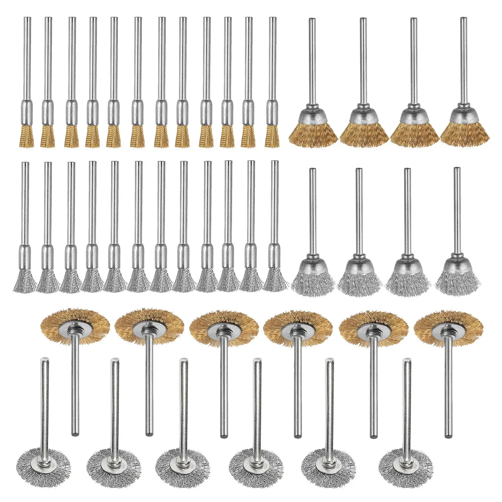 Qualität! 44-teiliges Mini-Drahtbürsten-Radbecher-Set aus Messing, Stahldrahtbürsten, 1/8 Zoll (3 mm), Schaft für Power Dremel Rotationswerkzeuge, polnisch