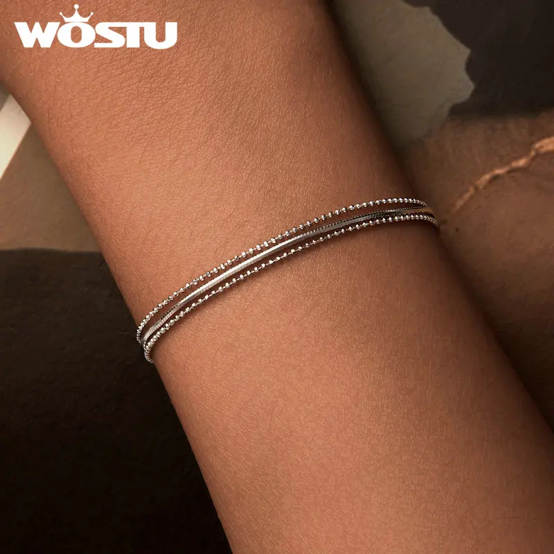 WOSTU 925 Sterling Silver Minimalist Triple-Layered Bracelet For Women Bead Chain Box Links Wedding Jewelry Girl Birthday Gift