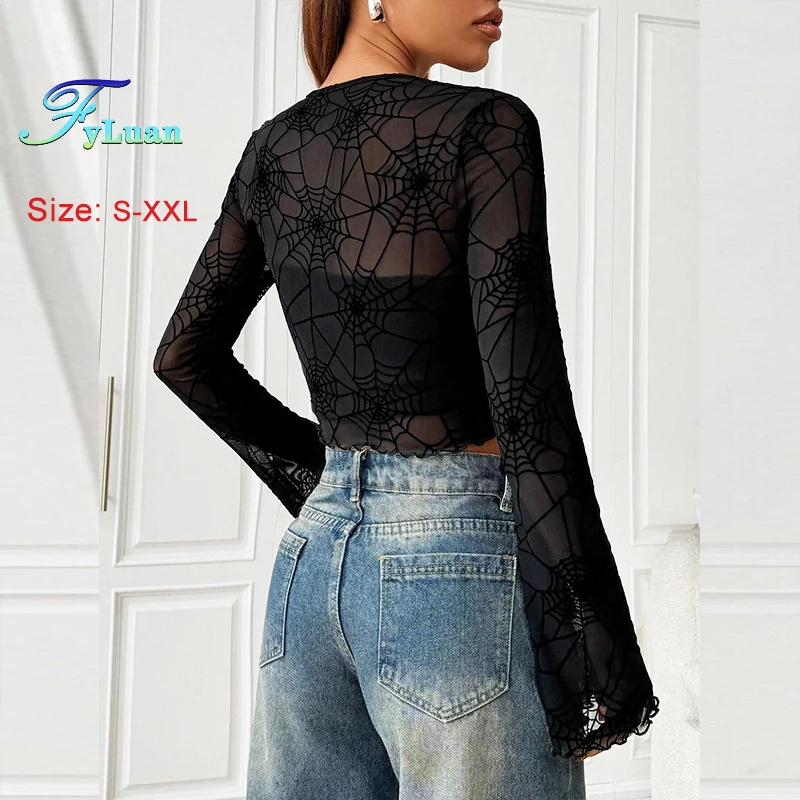 New Women's Long Sleeve T-Shirt Elegant Black See-Through Spider Web Female Top Slim Round Neck Flare Sleeve Base Layer T-Shirt