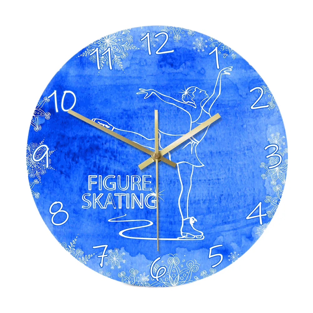 Blue Ice Figure Skating Wall Clock Watercolor Skater Girl Silent Quartz Watch Girls Room Bedroom Decor Skater Ice Skating Gift