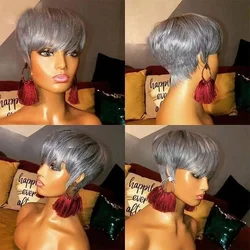 Synthetic Pixie Cut Wigs Synthetic Short Ombre Gray Pixie Haircut Wig with Bangs Layered Wig Wavy Grey to Black Wigs fo