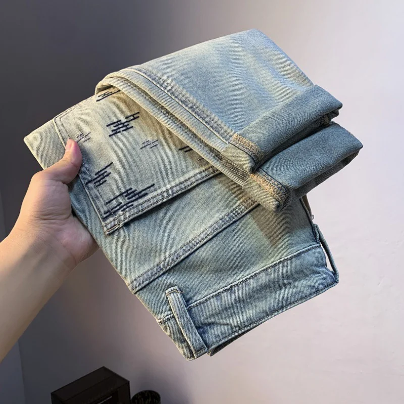 Retro American Jeans Men's Summer Light Blue Thin Micro Harem Trousers Twill Cotton Stretch Casual High-End Men's Clothing