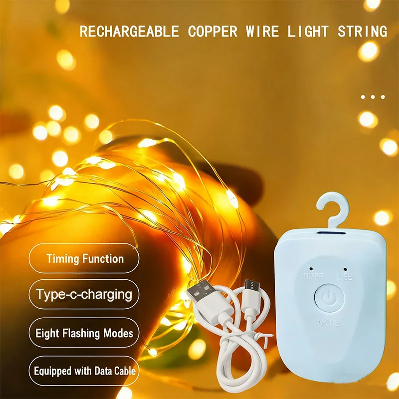 Christmas Fairy Lights Rechargeable LED Waterproof RGB String Light  8 Modes Detachable Design for XmasTree Wedding Party Decora