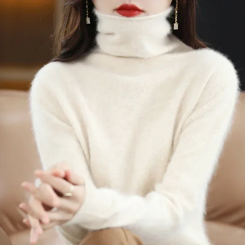 WinvyNee Women Clothing Mink Cashmere Sweater Half High Collar Solid Tops Outerwears 2024 Knitted Oversized Pullover A1248005