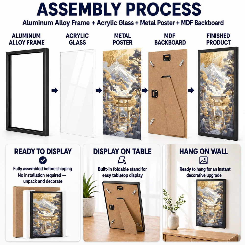 Mount Fuji Golden Torii Gateway Metal Poster With Aluminum Alloy Frame Personalized Painting Style Wall Art For Reading Nook