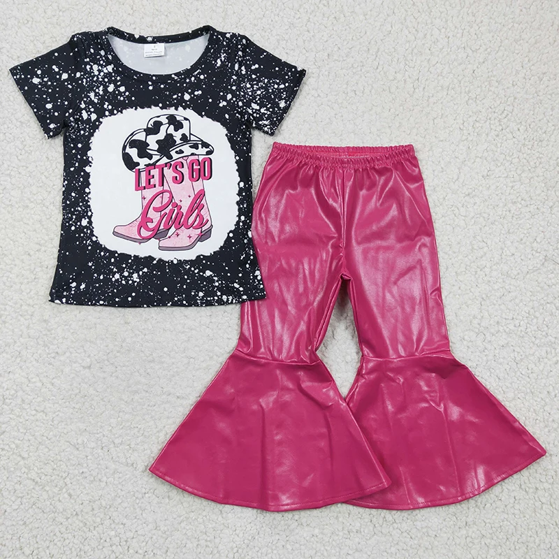 Wholesale Baby Girl Let's Go Girls Set Children Toddler Pullover Short Sleeves Boots Shirt Leather Bell Pants Kid Infant Outfit