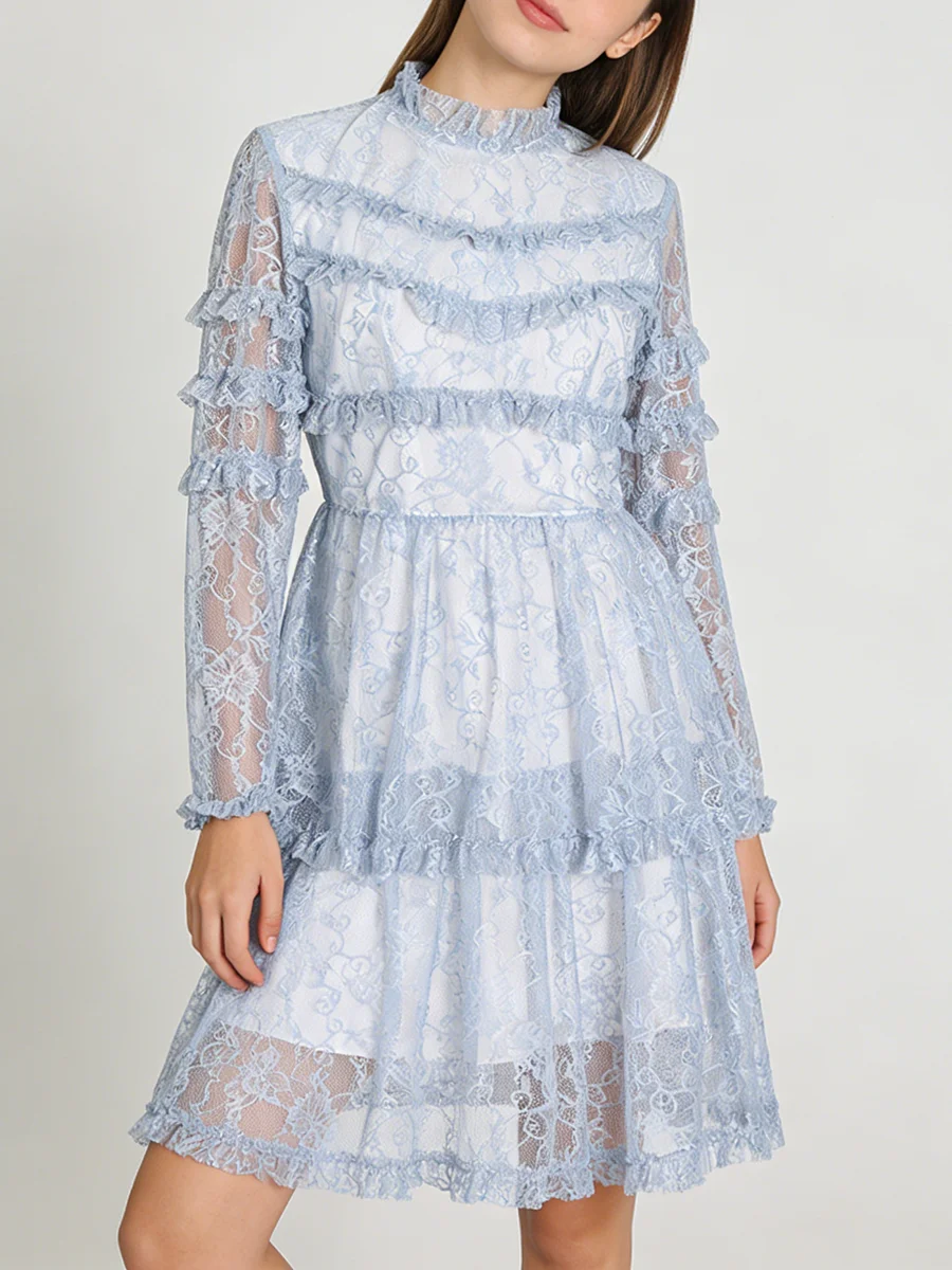 TWOTWINSTYLE Slimming Sheer Spliced Ruffles Folds Elegant Dress for Women Stand Neck Long Sleeves High Waist Dresses Female New