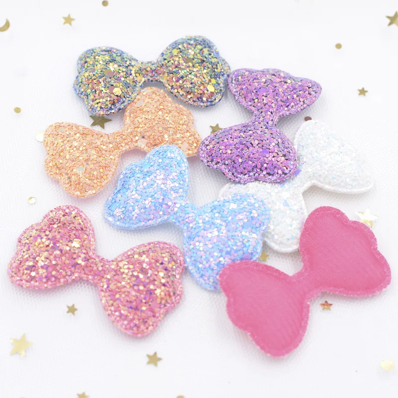 12Pcs 55mm Shiny Fabric Padded Patches Glitter Bow Tie Appliques for Craft Clothes Stickers Supplies DIY Hair Clips ornament