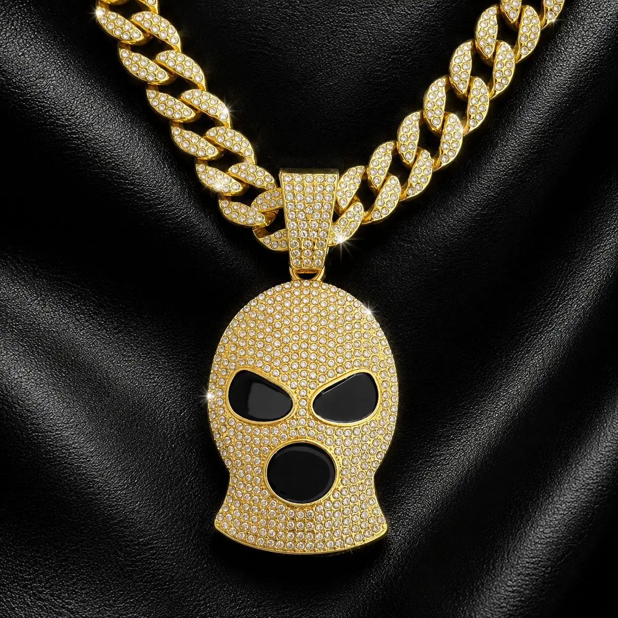 Iced Out Ski Mask Pendant Necklace Pave CZ Black Enamel Hollow Mask Hip‑Hop Bling Rapper Men Party Costume Jewelry