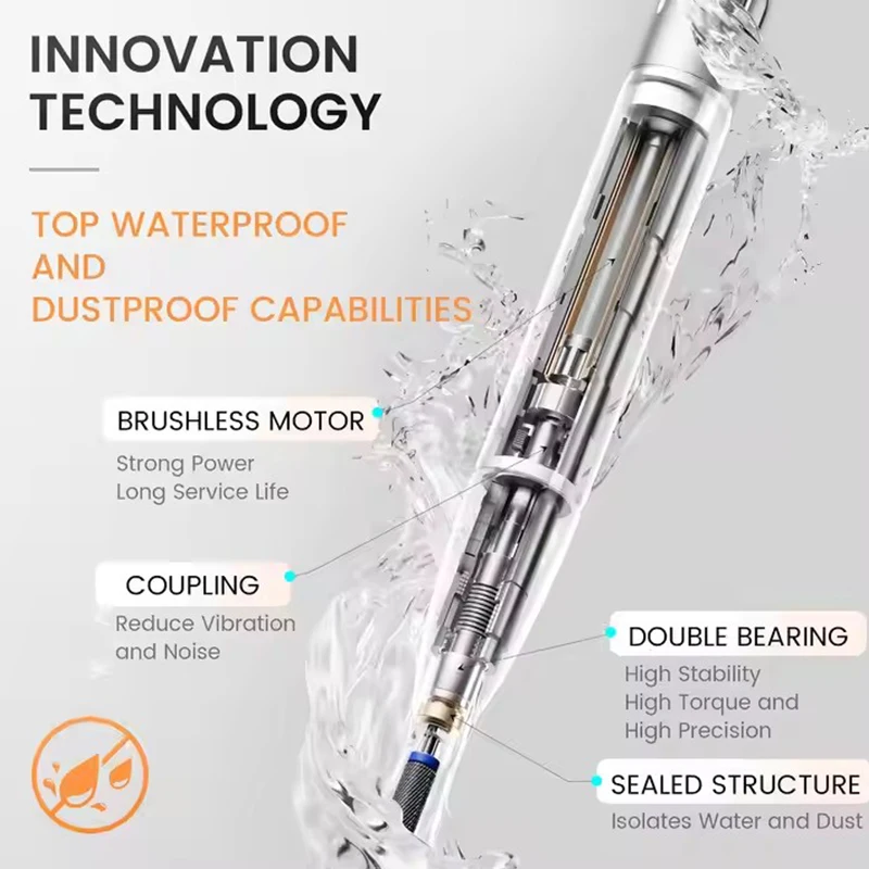 LUGX 2024 New Waterproof Dustproof 35000rpm Professional Portable Cordless Rechargeable Brushless Nail Drill Machine