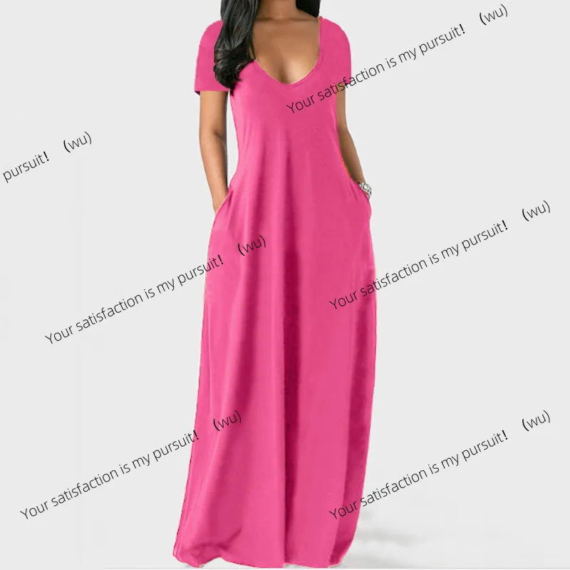 

ZOCI-European and American spring and summer women's solid color dress sexy deep V short-sleeved long skirt