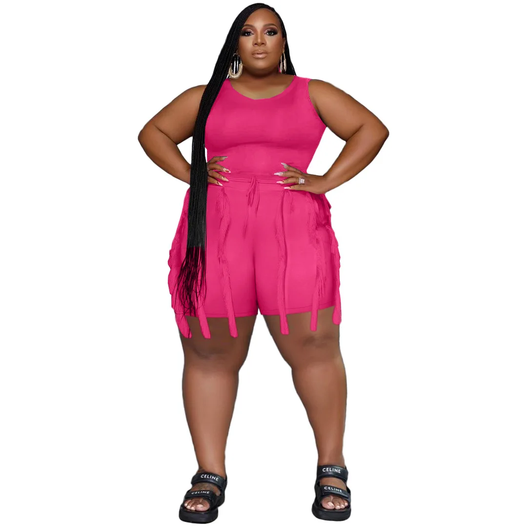 Plus Size kobiety modny dwuczęściowy zestaw body z dzianiny Top szorty z frędzlami casualowe w stylu Streetwear damski dres 2023 odzież wiosenna