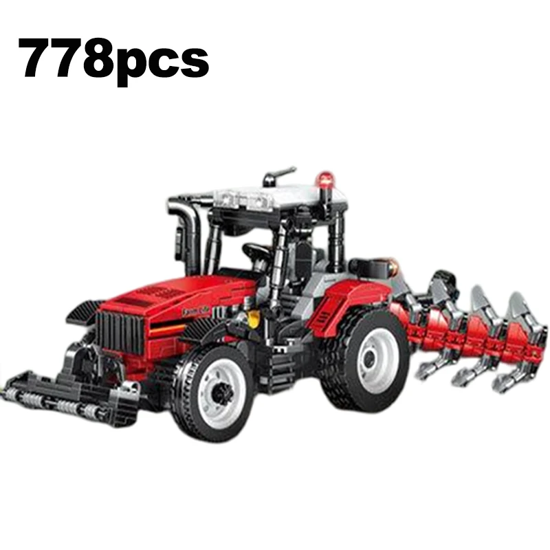 Educatieve bouwsteenset oogstlocomotief met vijf-ploeg tractor katoenen picker auto kraan arm trailer voor kinderen speelgoed