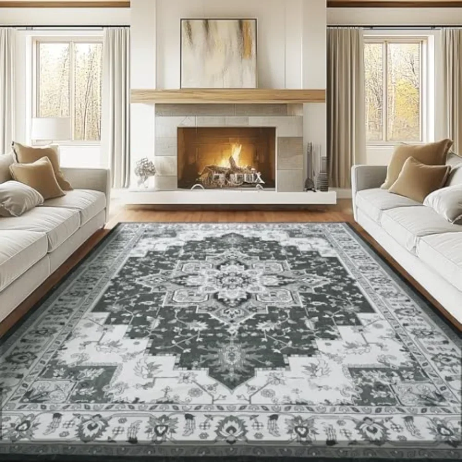 

9x12 Vintage Style Washable Area Rug with NonSlip Backing for Living Room Bedroom and Dining Room Low Pile Floral Design Soft F