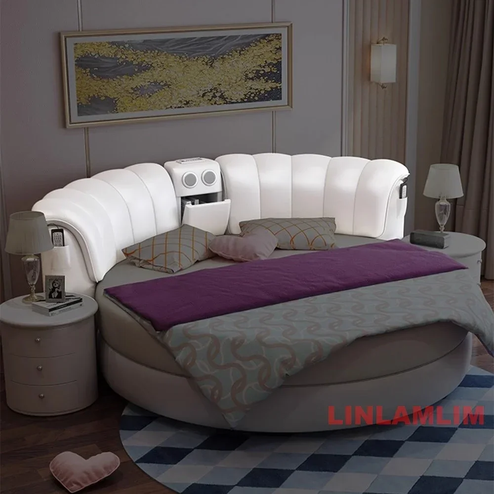 Modern Circular Platform Bed with Upholstered Headboard and Massage, Luxury Round Genuine Leather Bed with Speaker and Storage