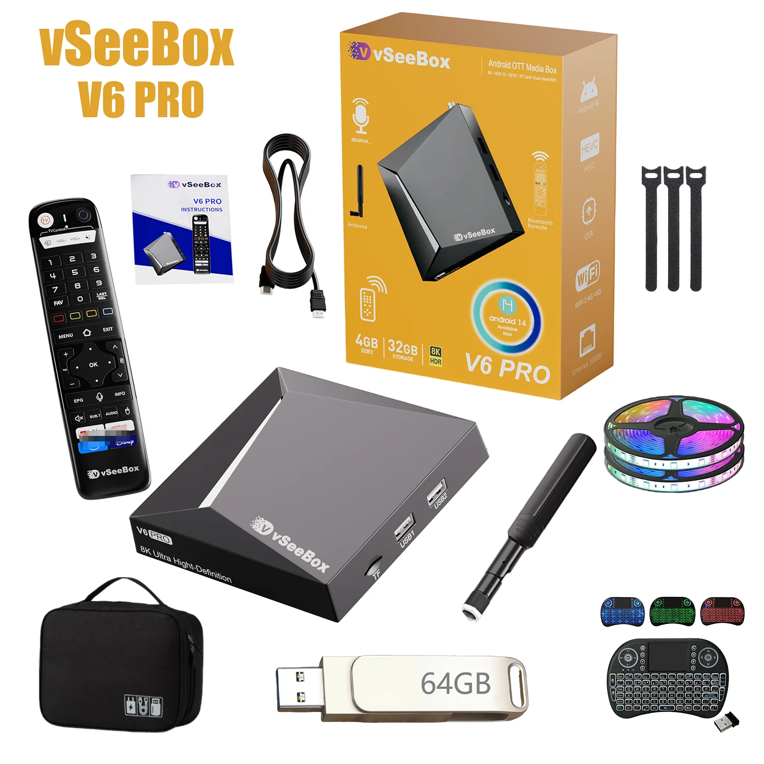 Vseebox V6 Pro Android 14 8K Ultra HD Bundle, Voice Remote, 64GB USB Drive, HDMI Cable, TV Ambient Light, Plug & Play Kit