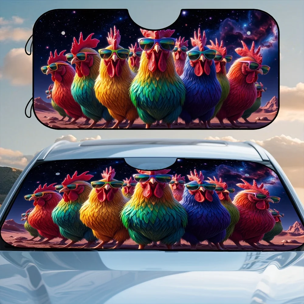 

1pc Rainbow Chickens Space Fashion Glasses Style Car Windshield Shade - Foldable Design With Wide Coverage, Durable Polyester Fa