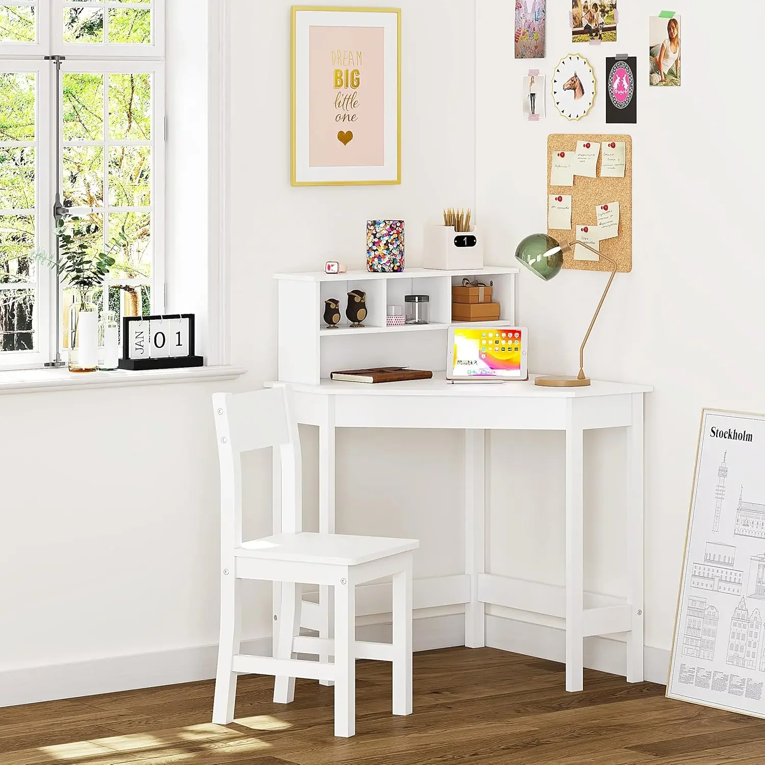 Kids Desk, Kids Corner Desk and Chair Set, Kids Study Desk with Storage and Hutch for Home School Use,White