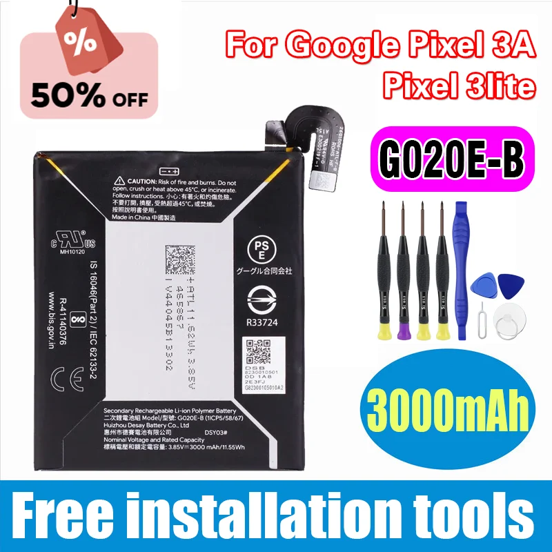 

G020E-B 3000mAh Replacement Battery For Google Pixel 3A Pixel 3lite Pixel 3 Lite Mobile Phone Batteries+Tools
