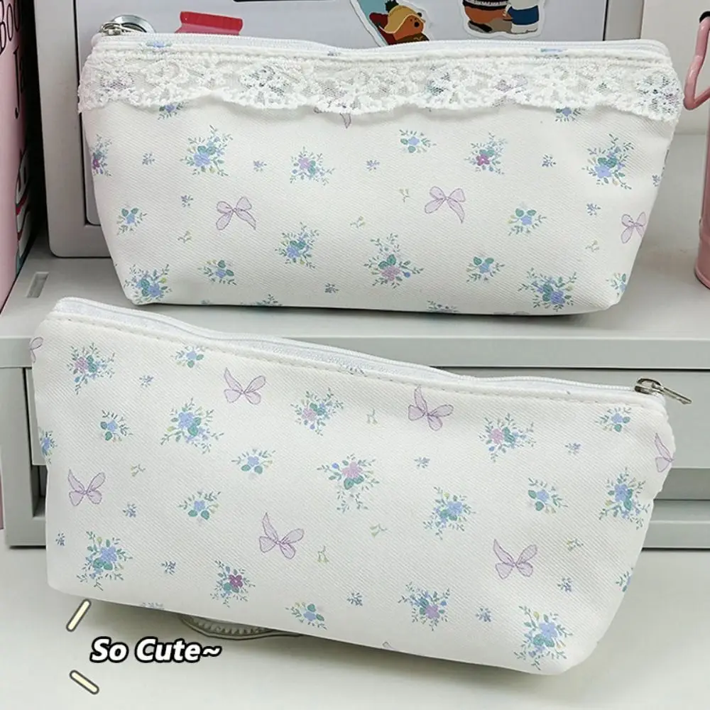 High Quality Lace Bowknot Floral Pattern Pen Bag Large Capacity Multifunctional Pencil Case Stationery Bag School Office