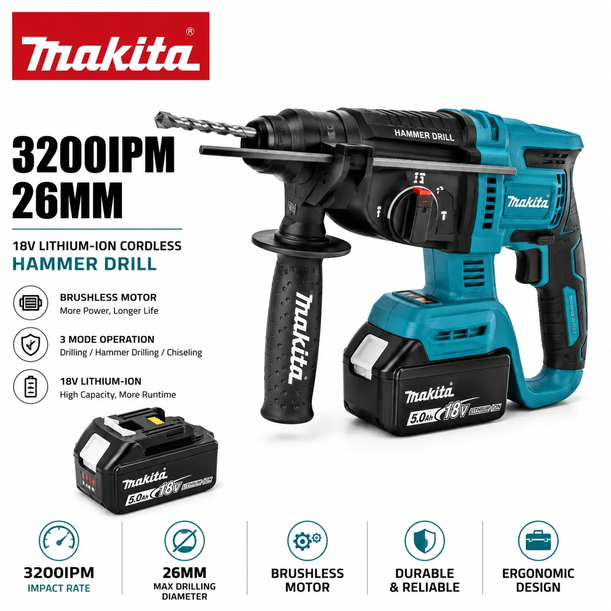 Für Makita DHR242 18V Akku-Bürstenloser Bohrhammer SDS Plus Hochleistungs-Betonbohrer Schlagbohrmaschine